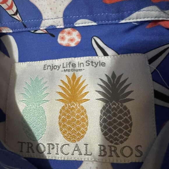 Tropical Bros Shirt Mens Medium Blue Hawaiian Button Up Short Sleeve Stretch - Picture 4 of 8